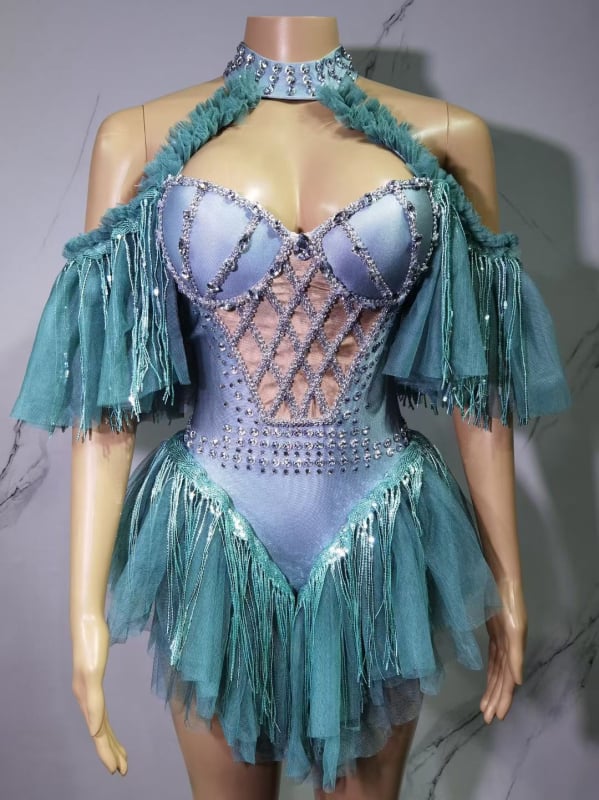 Costum de scenă în stil mecanic, cu paiete și broderie, țesătură Spandex (50–70%), primăvara 2025