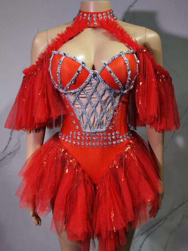 Costum de scenă în stil mecanic, cu paiete și broderie, țesătură Spandex (50–70%), primăvara 2025