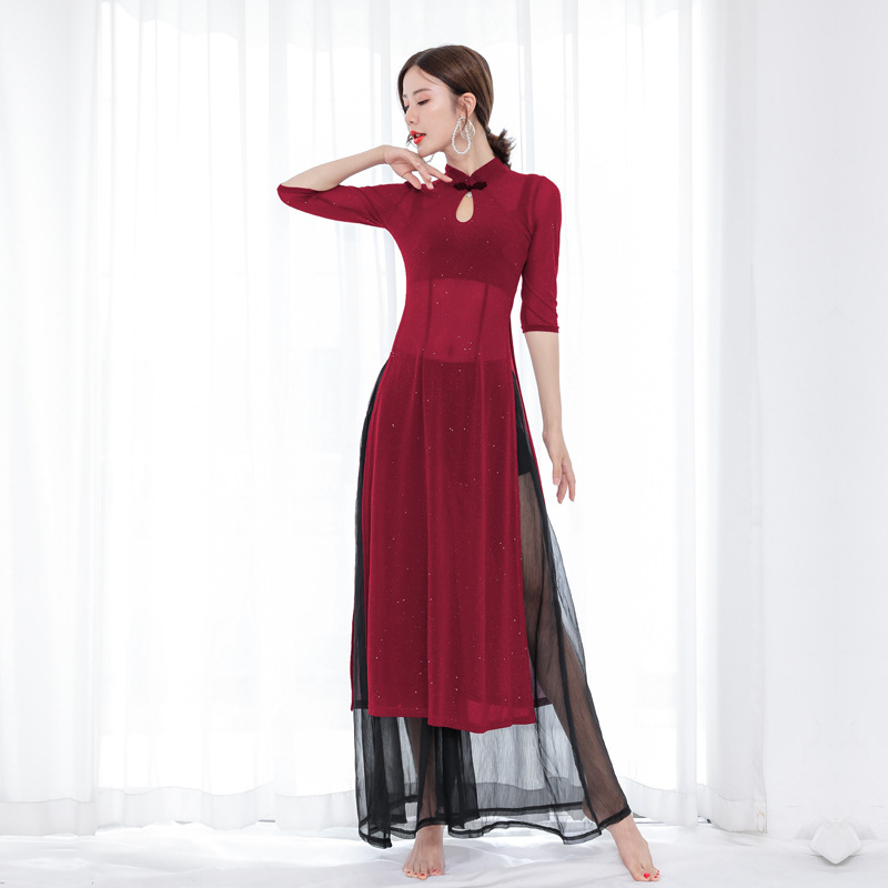 Set kostima istočnjačkog plesa: haljina u stilu Cheongsam i hlače za ples trbuha, mrežasti materijal i spandex 90%, ljeto 2025