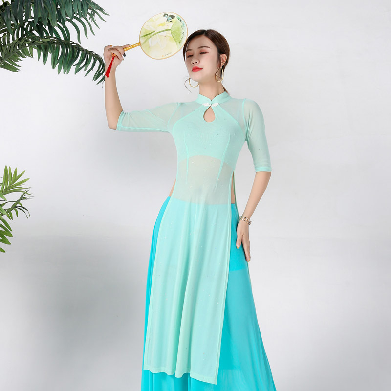 Set kostima istočnjačkog plesa: haljina u stilu Cheongsam i hlače za ples trbuha, mrežasti materijal i spandex 90%, ljeto 2025
