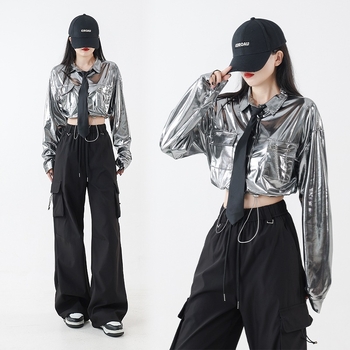 Costum de dans Jazz pentru fete — set în două piese, crop-top cu mâneci lungi și paiete, bumbac, primăvara 2025, stil street punk hipster