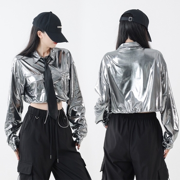 Costum de dans Jazz pentru fete — set în două piese, crop-top cu mâneci lungi și paiete, bumbac, primăvara 2025, stil street punk hipster