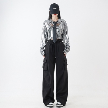 Costum de dans Jazz pentru fete — set în două piese, crop-top cu mâneci lungi și paiete, bumbac, primăvara 2025, stil street punk hipster