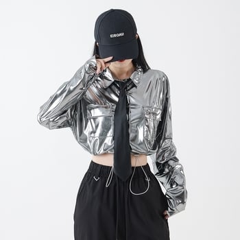 Costum de dans Jazz pentru fete — set în două piese, crop-top cu mâneci lungi și paiete, bumbac, primăvara 2025, stil street punk hipster