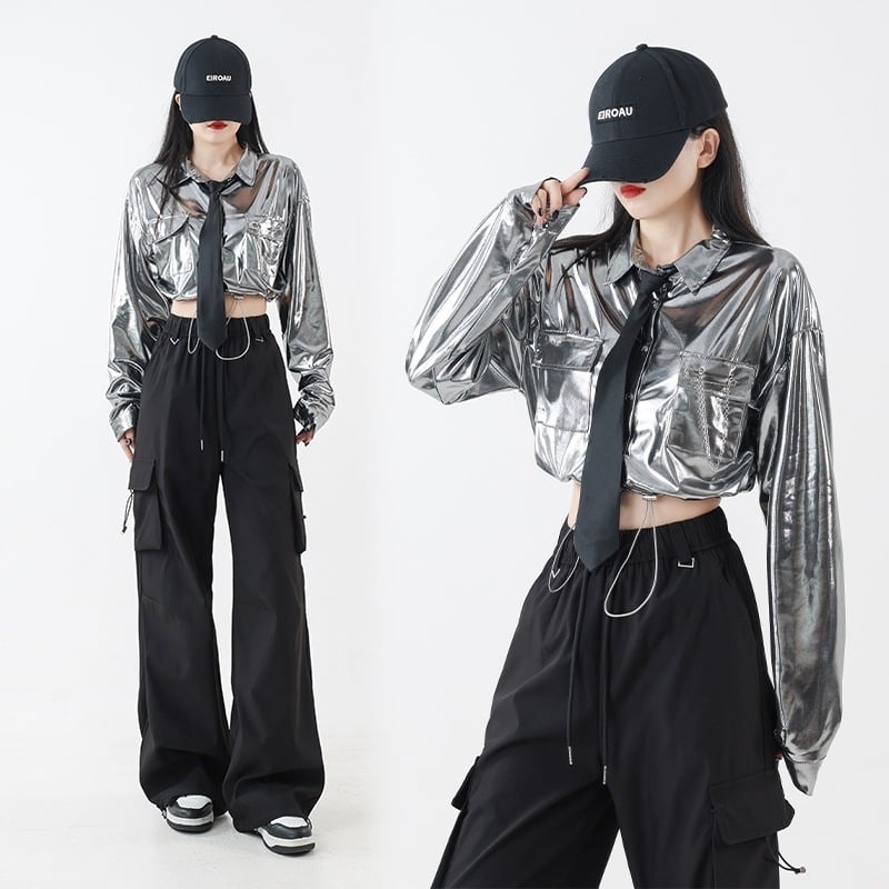 Costum de dans Jazz pentru fete — set în două piese, crop-top cu mâneci lungi și paiete, bumbac, primăvara 2025, stil street punk hipster