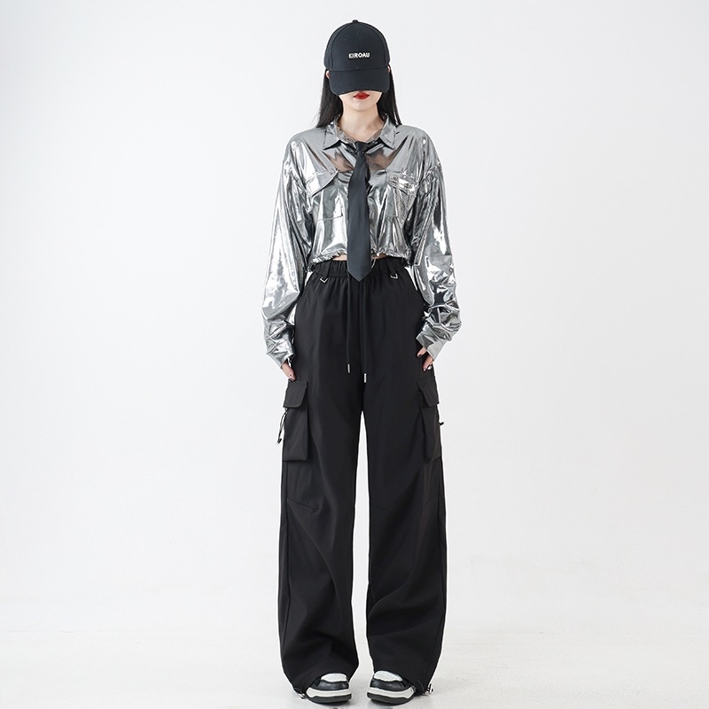 Costum de dans Jazz pentru fete — set în două piese, crop-top cu mâneci lungi și paiete, bumbac, primăvara 2025, stil street punk hipster