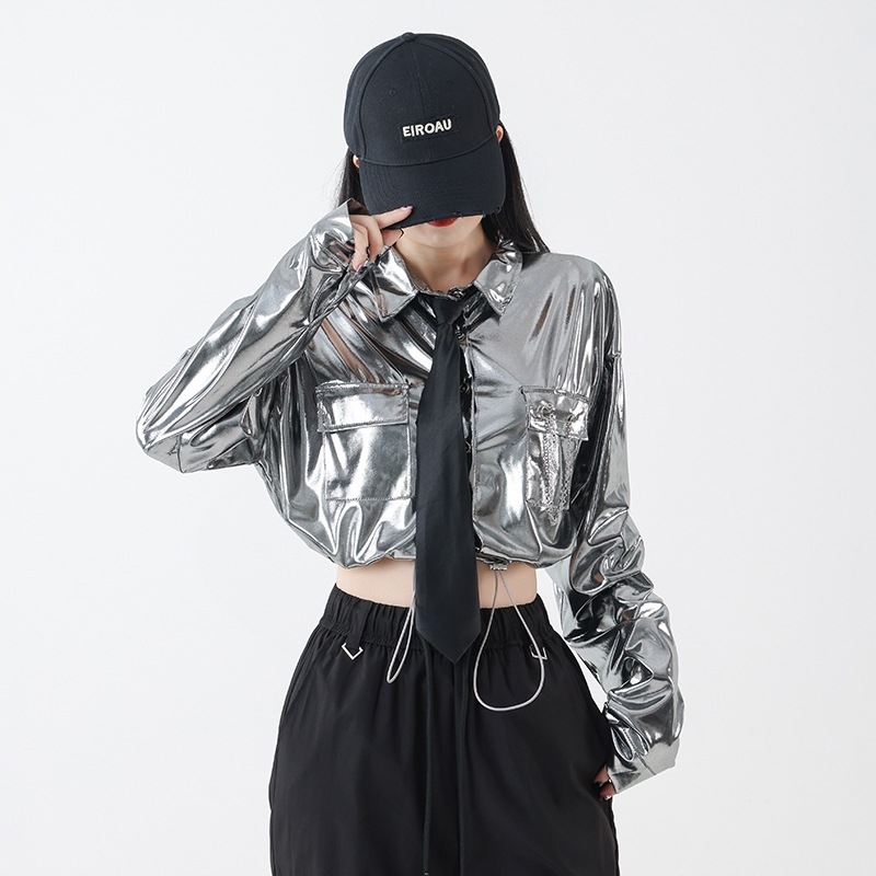 Costum de dans Jazz pentru fete — set în două piese, crop-top cu mâneci lungi și paiete, bumbac, primăvara 2025, stil street punk hipster