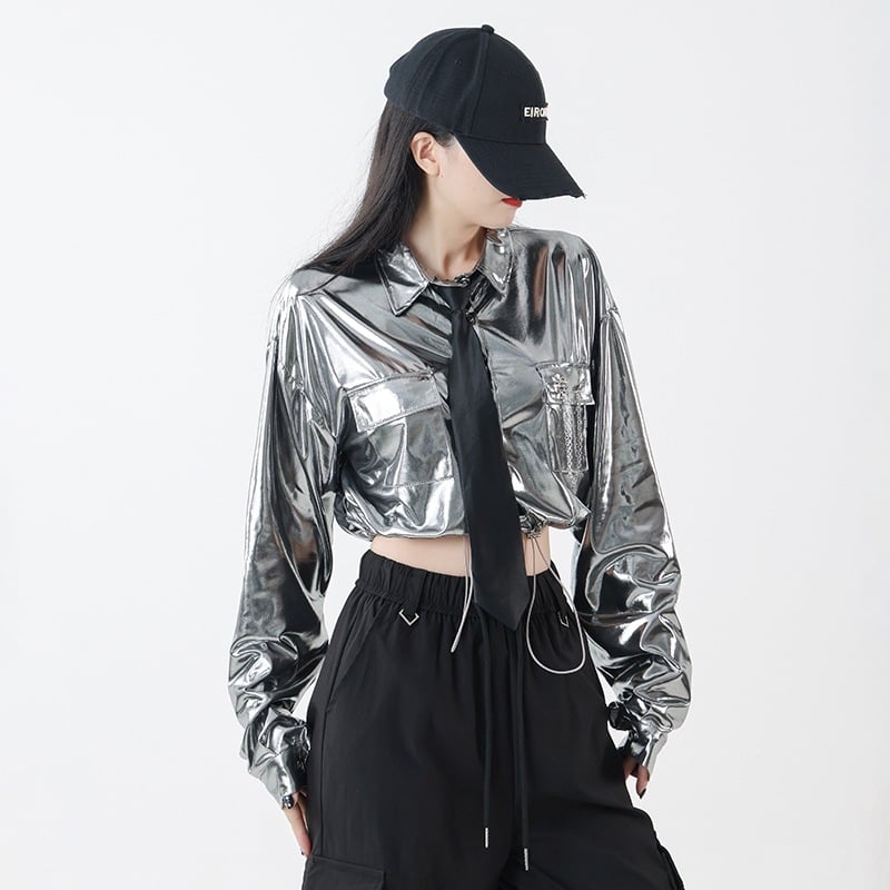 Costum de dans Jazz pentru fete — set în două piese, crop-top cu mâneci lungi și paiete, bumbac, primăvara 2025, stil street punk hipster