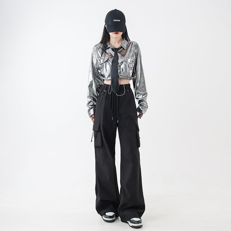 Costum de dans Jazz pentru fete — set în două piese, crop-top cu mâneci lungi și paiete, bumbac, primăvara 2025, stil street punk hipster