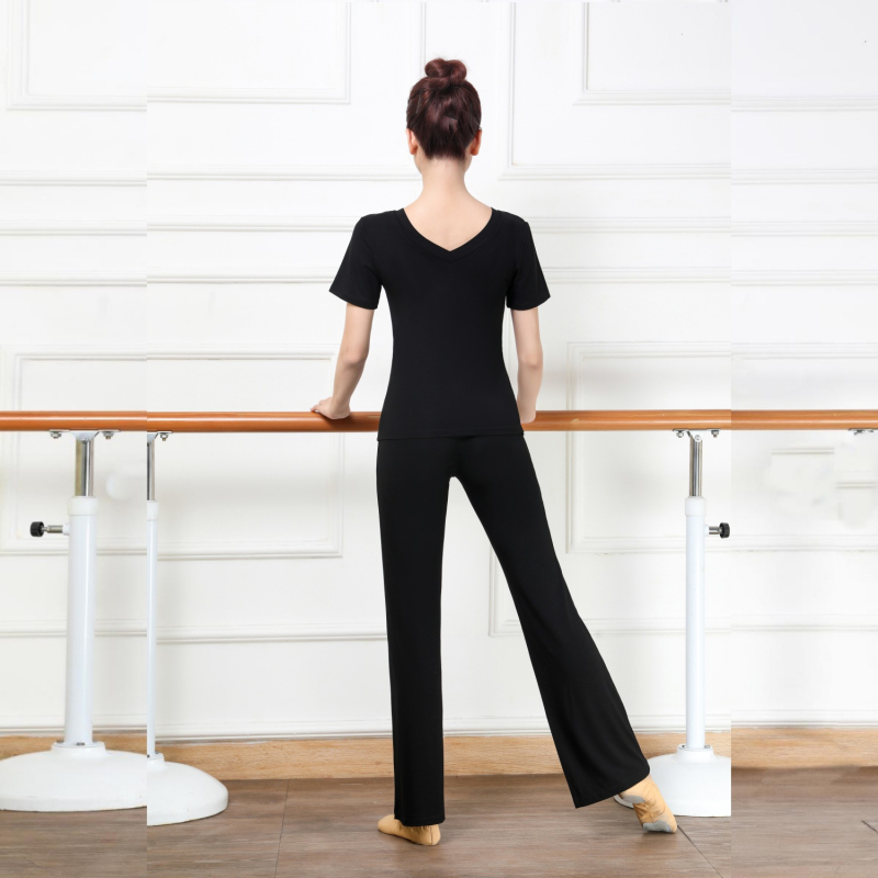 Ženski set za plesnu praksu: top s V-izrezom i prilagodljive hlače od chenille-spandex materijala, za moderan ples i pripremu za umjetnički ispit i etiketu.