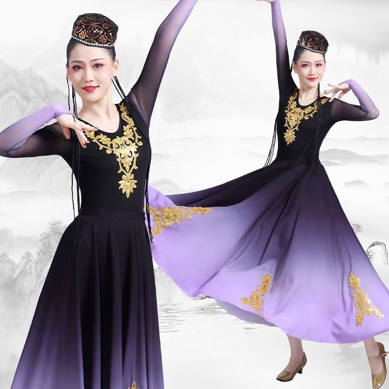 Uyghur etnički plesni kostim za scenske nastupe, unisex, poliester, velika swing suknja, proljeće 2025 izlazak