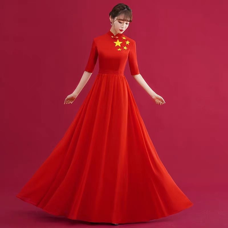 Fustă lungă de scenă pentru femei, pentru spectacole de cor, stil chinezesc retro literar, material chiffon; acetat 50–70%; poliester 50–70%