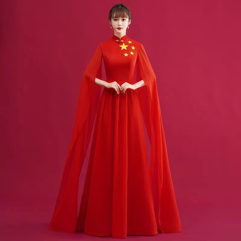 Fustă lungă de scenă pentru femei, pentru spectacole de cor, stil chinezesc retro literar, material chiffon; acetat 50–70%; poliester 50–70%