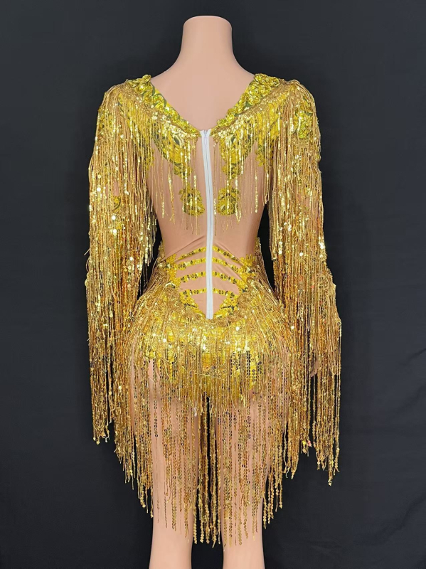 Rochie de scenă dintr-o singură piesă, cu ciucuri și ornamente cu diamante; țesătură plasă cu elastan 50–70%; țesătură secundară 70–80%; stil neutru; imprimeu