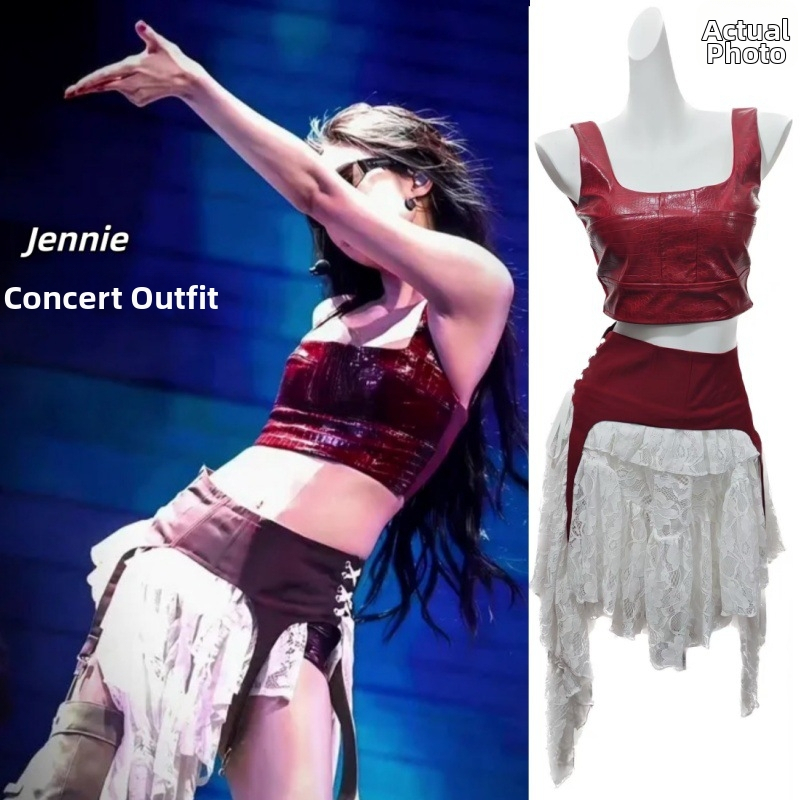 Coachella-inspired Jazz Dance Outfit Set — Vestă din piele de crocodil + fustă asimetrică, material Milk Silk; Poliester ≤30%, Spandex ≤30%; Confecționare: colaj/ cusături; Stil urban