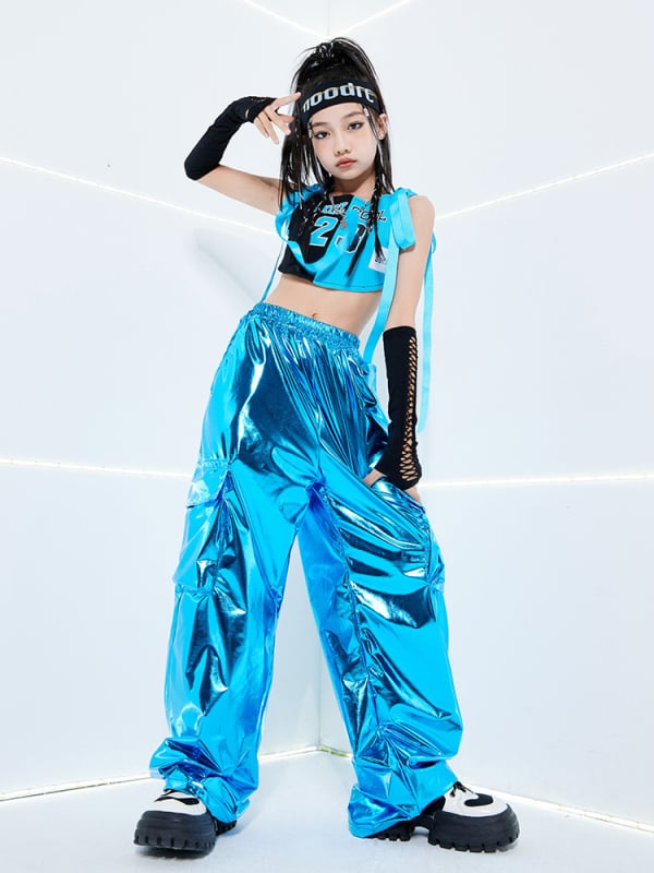 Костюм за джаз танц за момичета за детско улично/хип-хоп изпълнение, Лято 2024, 100% полиестер, Детски сценични/танцови облекла, Безопасност Клас B, подходящ за деца над 8 години