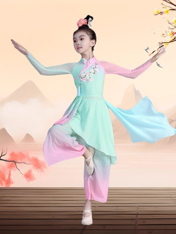 Gyermekeknek készült kínai néptánc jelmez lányoknak, pliszírozott chiffon poliészter anyagból, kínai stílus, 8 éves kortól