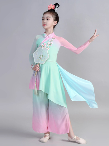 Gyermekeknek készült kínai néptánc jelmez lányoknak, pliszírozott chiffon poliészter anyagból, kínai stílus, 8 éves kortól