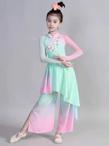 Gyermekeknek készült kínai néptánc jelmez lányoknak, pliszírozott chiffon poliészter anyagból, kínai stílus, 8 éves kortól