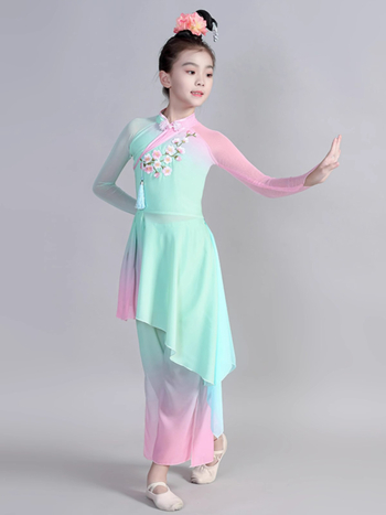 Gyermekeknek készült kínai néptánc jelmez lányoknak, pliszírozott chiffon poliészter anyagból, kínai stílus, 8 éves kortól
