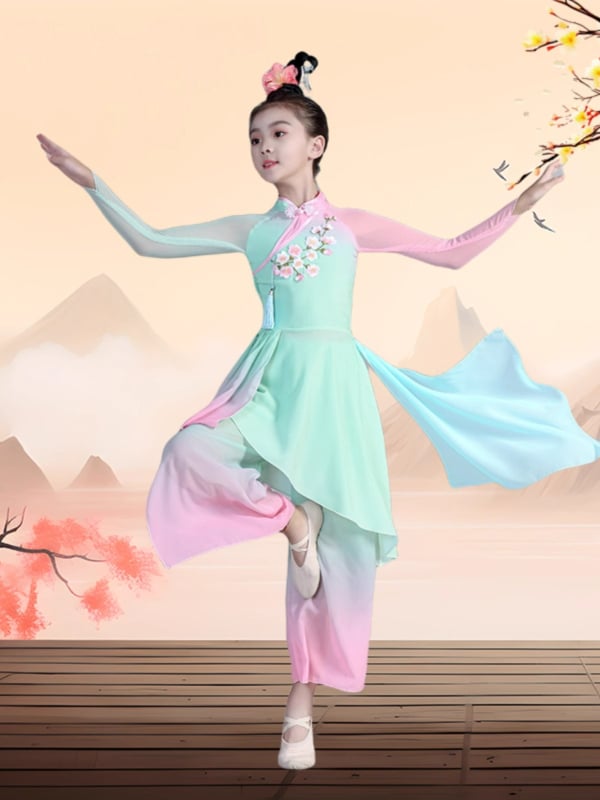 Gyermekeknek készült kínai néptánc jelmez lányoknak, pliszírozott chiffon poliészter anyagból, kínai stílus, 8 éves kortól