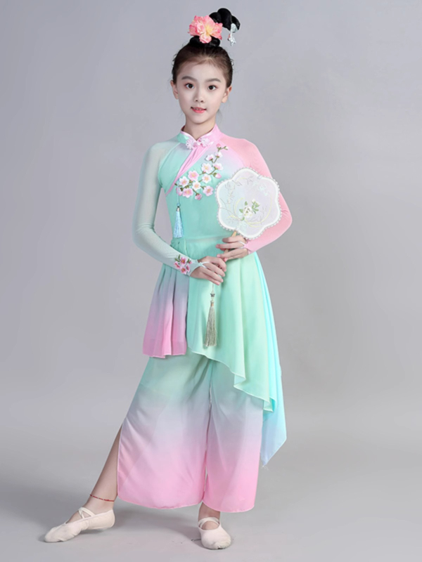 Gyermekeknek készült kínai néptánc jelmez lányoknak, pliszírozott chiffon poliészter anyagból, kínai stílus, 8 éves kortól