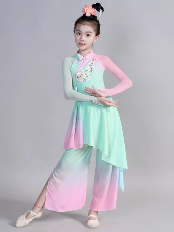 Gyermekeknek készült kínai néptánc jelmez lányoknak, pliszírozott chiffon poliészter anyagból, kínai stílus, 8 éves kortól