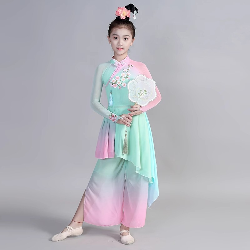 Gyermekeknek készült kínai néptánc jelmez lányoknak, pliszírozott chiffon poliészter anyagból, kínai stílus, 8 éves kortól