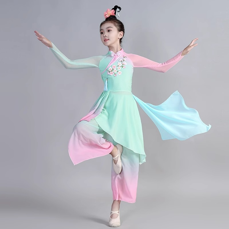 Gyermekeknek készült kínai néptánc jelmez lányoknak, pliszírozott chiffon poliészter anyagból, kínai stílus, 8 éves kortól
