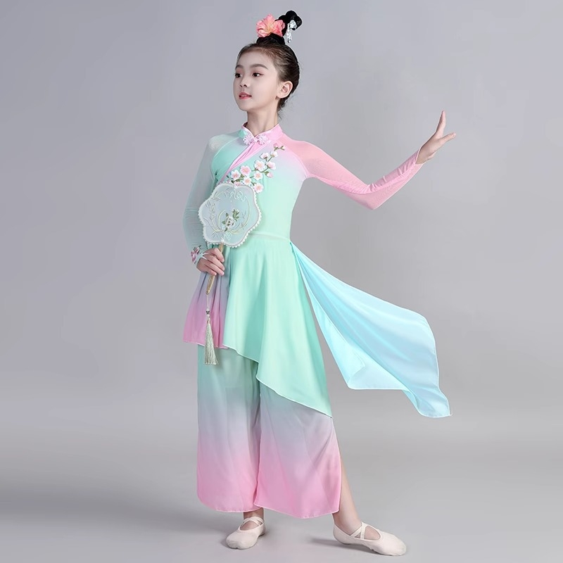 Gyermekeknek készült kínai néptánc jelmez lányoknak, pliszírozott chiffon poliészter anyagból, kínai stílus, 8 éves kortól