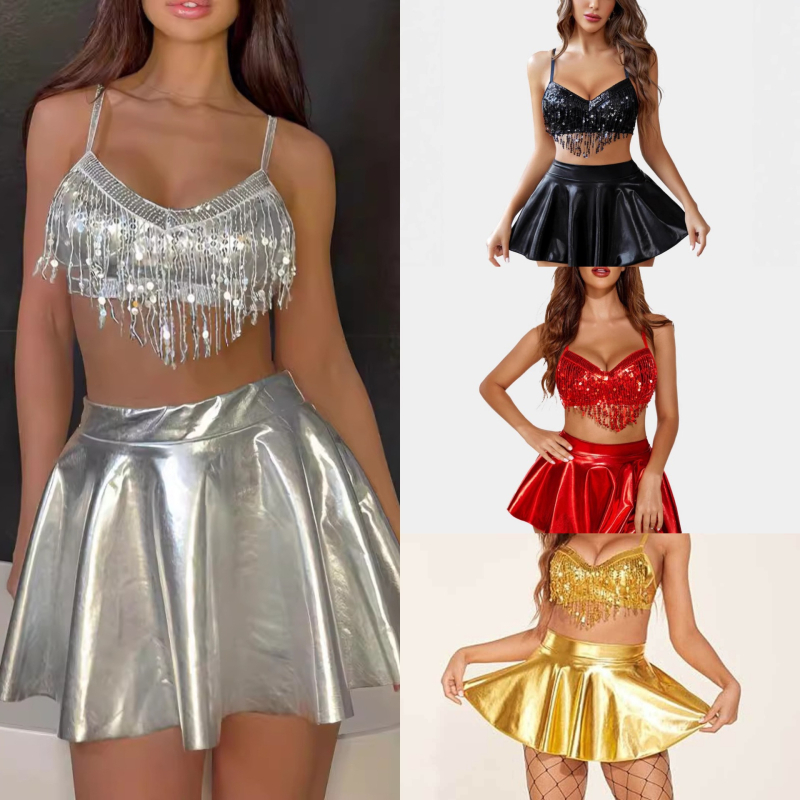 Háromrészes női színpadi szett tassel melltartóval, rövid toppal és uszodai szoknyával; anyag: poliészter; bélés: spandex; párnázott melltartórész; merevítő nélküli; alkalmas úszásra.