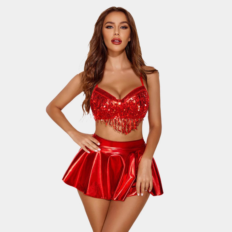 Háromrészes női színpadi szett tassel melltartóval, rövid toppal és uszodai szoknyával; anyag: poliészter; bélés: spandex; párnázott melltartórész; merevítő nélküli; alkalmas úszásra.