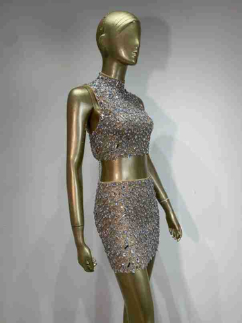 Set de damă cu top scurt și fustă din plasă transparentă cu cristale — stil street, amestec poliester-elastan, Hotfix cristale, primăvara 2024