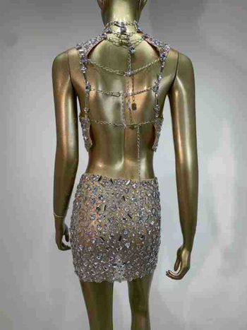 Set de damă cu top scurt și fustă din plasă transparentă cu cristale — stil street, amestec poliester-elastan, Hotfix cristale, primăvara 2024