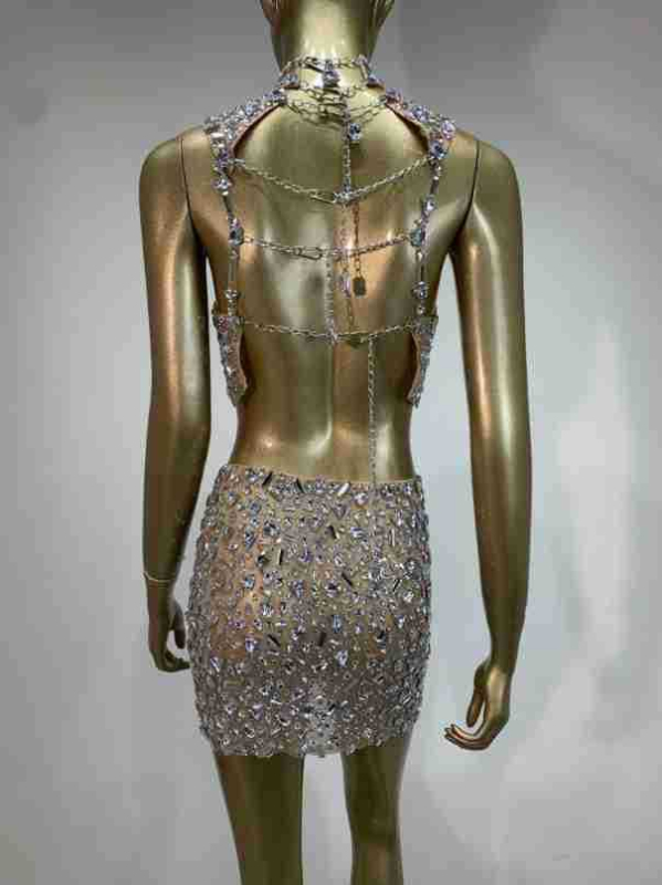 Set de damă cu top scurt și fustă din plasă transparentă cu cristale — stil street, amestec poliester-elastan, Hotfix cristale, primăvara 2024