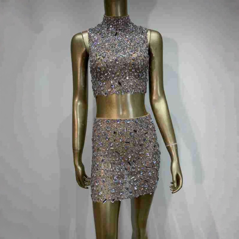 Set de damă cu top scurt și fustă din plasă transparentă cu cristale — stil street, amestec poliester-elastan, Hotfix cristale, primăvara 2024