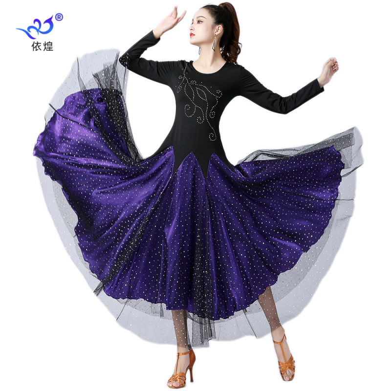 Ženska plesna haljina za moderne plesove s šljokicama, dugi rukavi i široka suknja; materijali: Milk Silk + tkanina s šljokicama + satin; glavni materijal: poliester; sadržaj elastana <30%