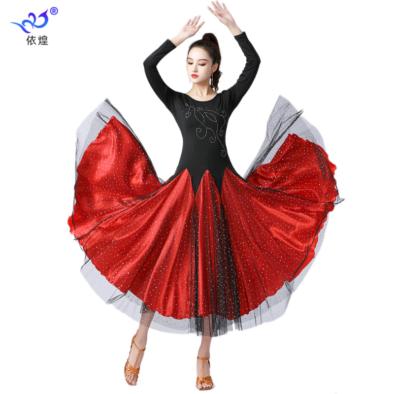 Ženska plesna haljina za moderne plesove s šljokicama, dugi rukavi i široka suknja; materijali: Milk Silk + tkanina s šljokicama + satin; glavni materijal: poliester; sadržaj elastana <30%