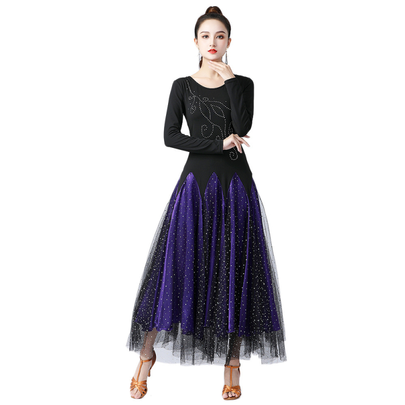 Ženska plesna haljina za moderne plesove s šljokicama, dugi rukavi i široka suknja; materijali: Milk Silk + tkanina s šljokicama + satin; glavni materijal: poliester; sadržaj elastana <30%