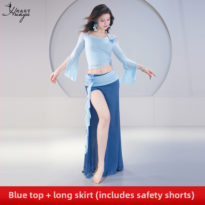 Set za belly dance s dugom suknjom za početnike, kostim za izvedbu u orijentalnoj izvedbi; tkanina: mreža + visoko elastični poliester spandeks; glavni materijal: spandeks; izdanje: jesen 2025; dobna skupina: 25–29; udio glavnog materijala: 30–50%