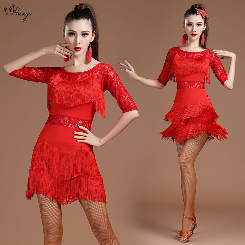 Ženska haljina za latino ples s čipkom i resicama, tkaniina Milk Silk + čipka + resice, glavni materijal: Spandex, udio glavnog materijala 70–80%, ljeto 2022