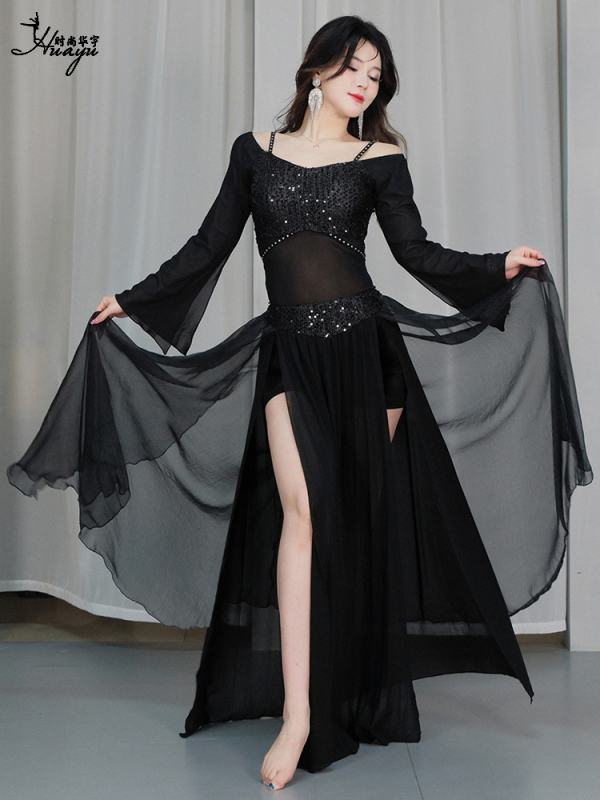 Huayu kostim za belly dance – dugi mrežasti set s štrasom, elastan, zima 2024, br. Fashion Huayu, s oznakom