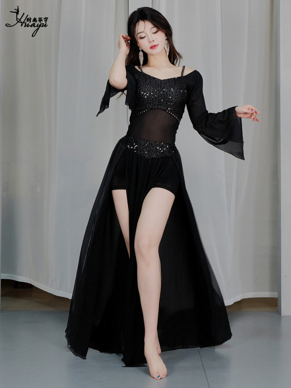 Huayu kostim za belly dance – dugi mrežasti set s štrasom, elastan, zima 2024, br. Fashion Huayu, s oznakom