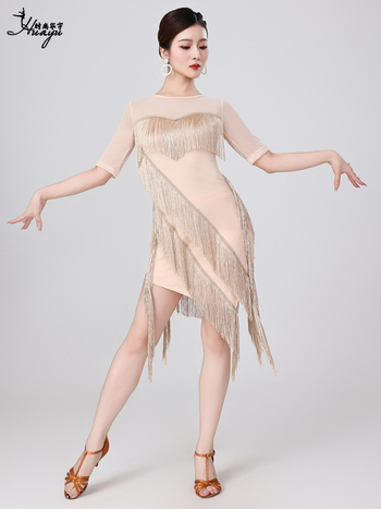 Latino plesna haljina s resama za žene, mreža + kristalna pamuk + resice, poliester 50–70% / najlon, ljeto 2025, profesionalni natjecateljski kostim za nastup