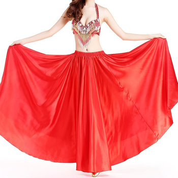Satenska suknja za belly dance za izvedbe, poludužina, široki zamah, 98% poliester i 2% spandeks