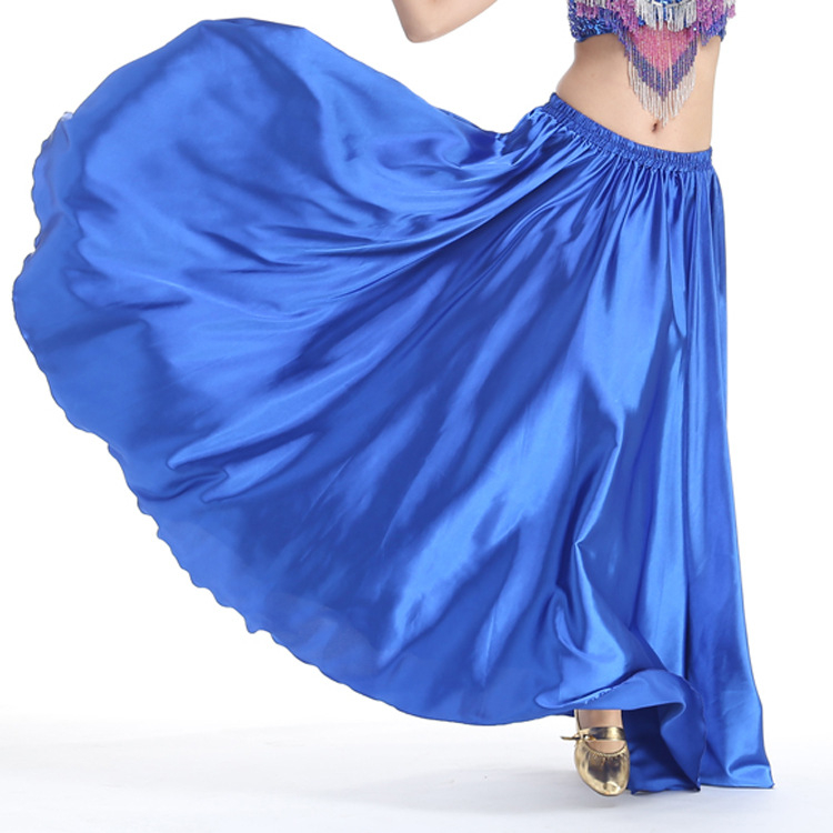 Satenska suknja za belly dance za izvedbe, poludužina, široki zamah, 98% poliester i 2% spandeks
