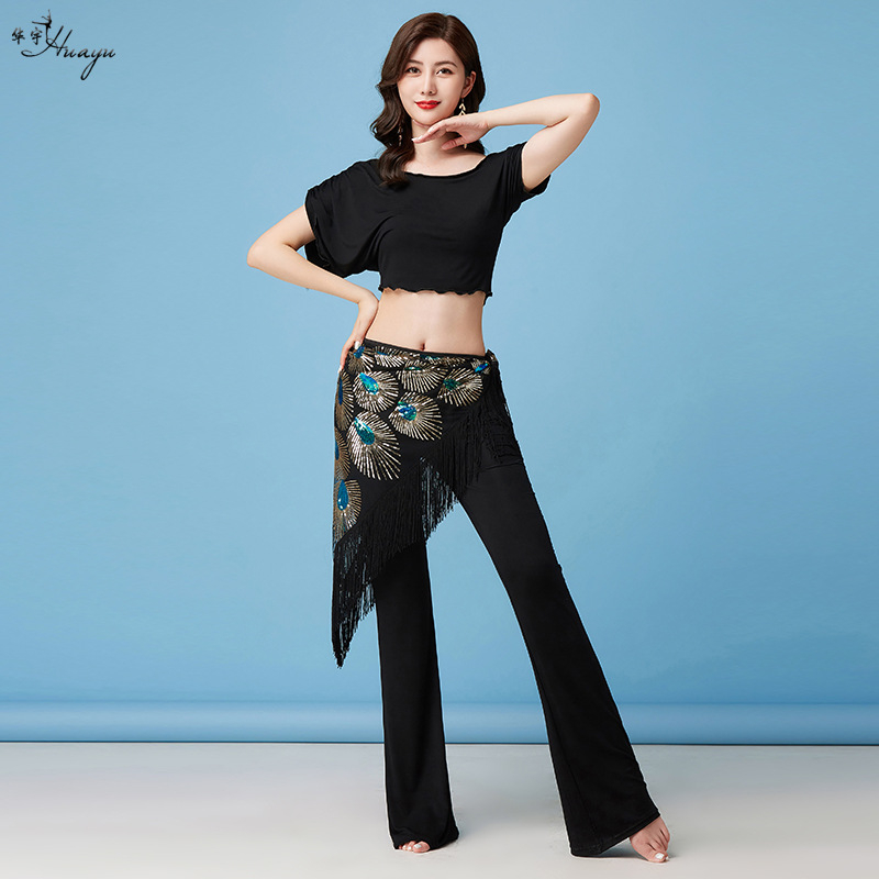 Fashion Huayu Belly Dance set od modalnog materijala, opušteni bat rukavi, dugi hlače i šal s resicama trokuta za početnike