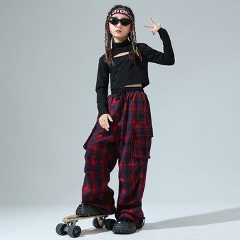 Salopetă pentru fete, pentru spectacole de jazz/hip-hop, în carouri, din amestec de bumbac