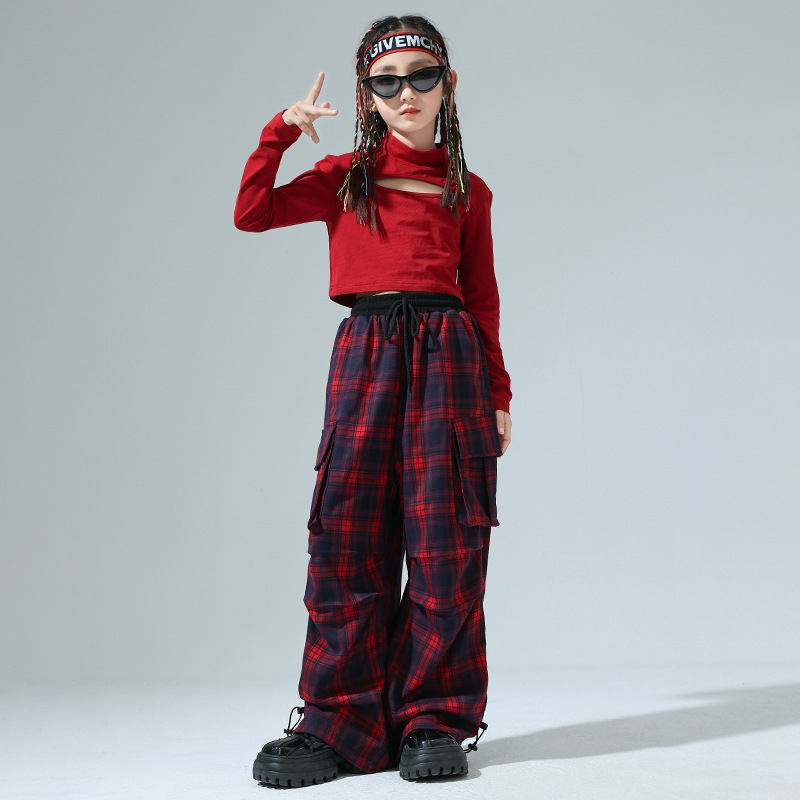 Salopetă pentru fete, pentru spectacole de jazz/hip-hop, în carouri, din amestec de bumbac