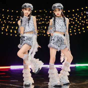 Costum de dans jazz pentru fete cu paiete — vestă poliester 90%, tratament moale al țesăturii, potrivit pentru fete peste 8 ani, dans jazz, reprezentații pe scenă